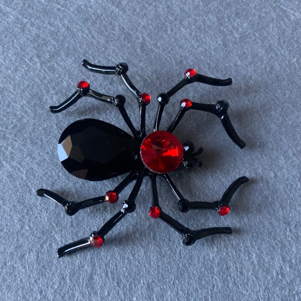 Extra Large Black and Red Crystal Spider Brooch Halloween Gothic Pin